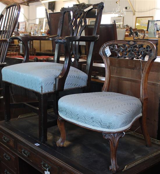 18C Chippendale style mahogany elbow chair & Victorian sewing chair